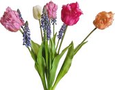 Viv! Home Luxuries - Tulpen boeket met blauwe druifjes - 8 stuks - kunststof bloem - 46cm - roze wit perzik blauw