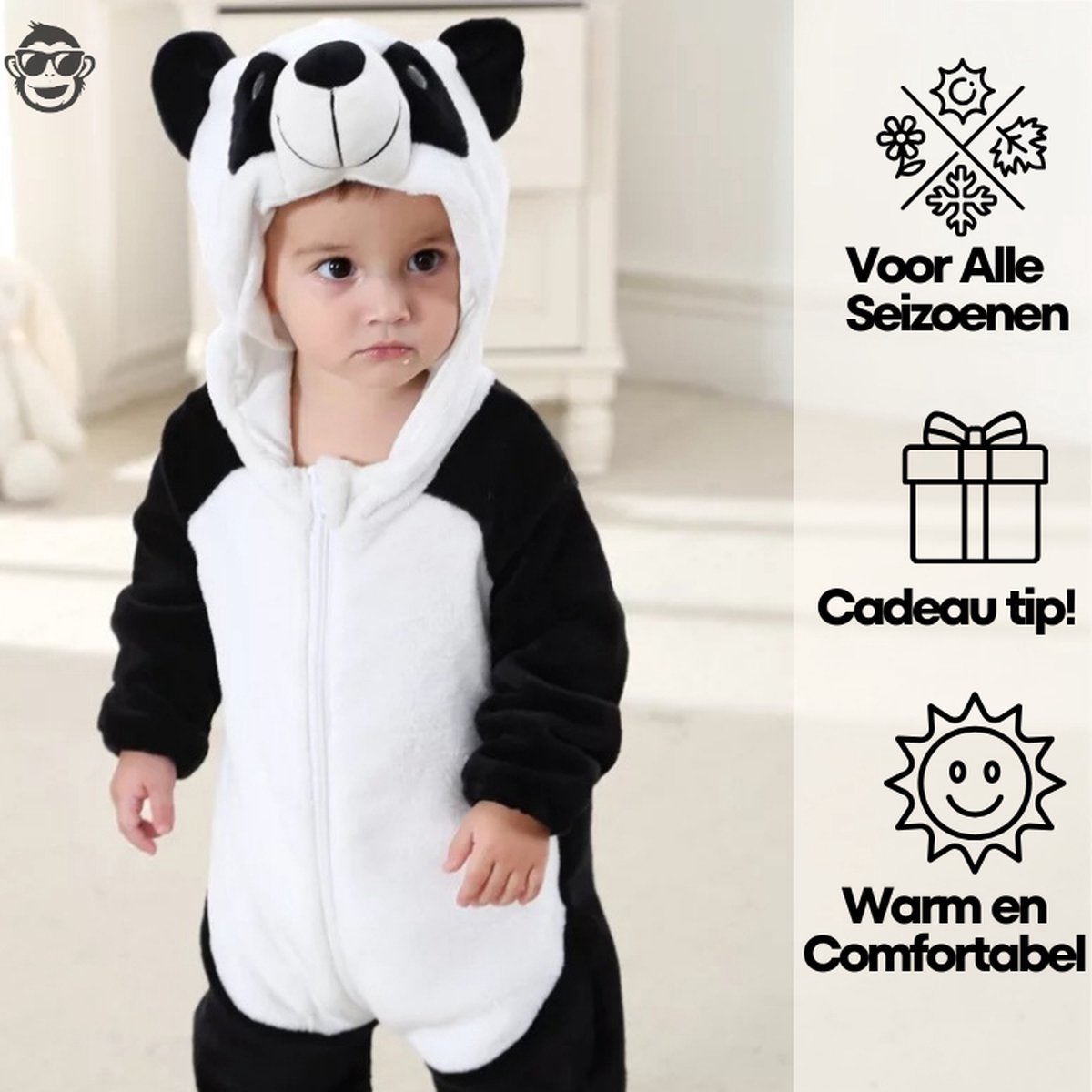 BoefieBoef Dieren Kleuter Onesie Peuter Pyjama Kinderen – Verkleedkleding met Luierrits – Carnaval Dierenpak - Kerst en Kraamcadeau - Zacht Flanel - Baby Romper - Boxpak - Jongens - Meisjes - Kruippak - Winterpak - Panda Beer Wit Zwart — afbeelding 3