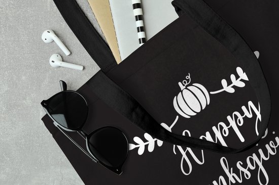 MuchoWow® Sac bandoulière - Sac de plage - Big Shopper - Sac shopping - Citation "Happy Thanksgiving" décoration murale vacances blanc sur noir - 40x40 cm - Sac en coton