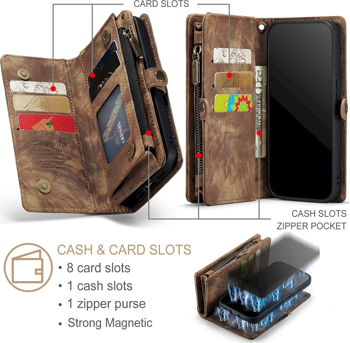 Caseme Telefoonhoesje geschikt voor Apple iPhone 12 Pro Max Hoesje | Caseme 008 Uitneembare 2in1 Bookcase Portemonnee | Pasjeshouder voor 8 Pasjes | Telefoonhoesje voor Pinpas / OV Kaart / Rijbewijs - Bruin
