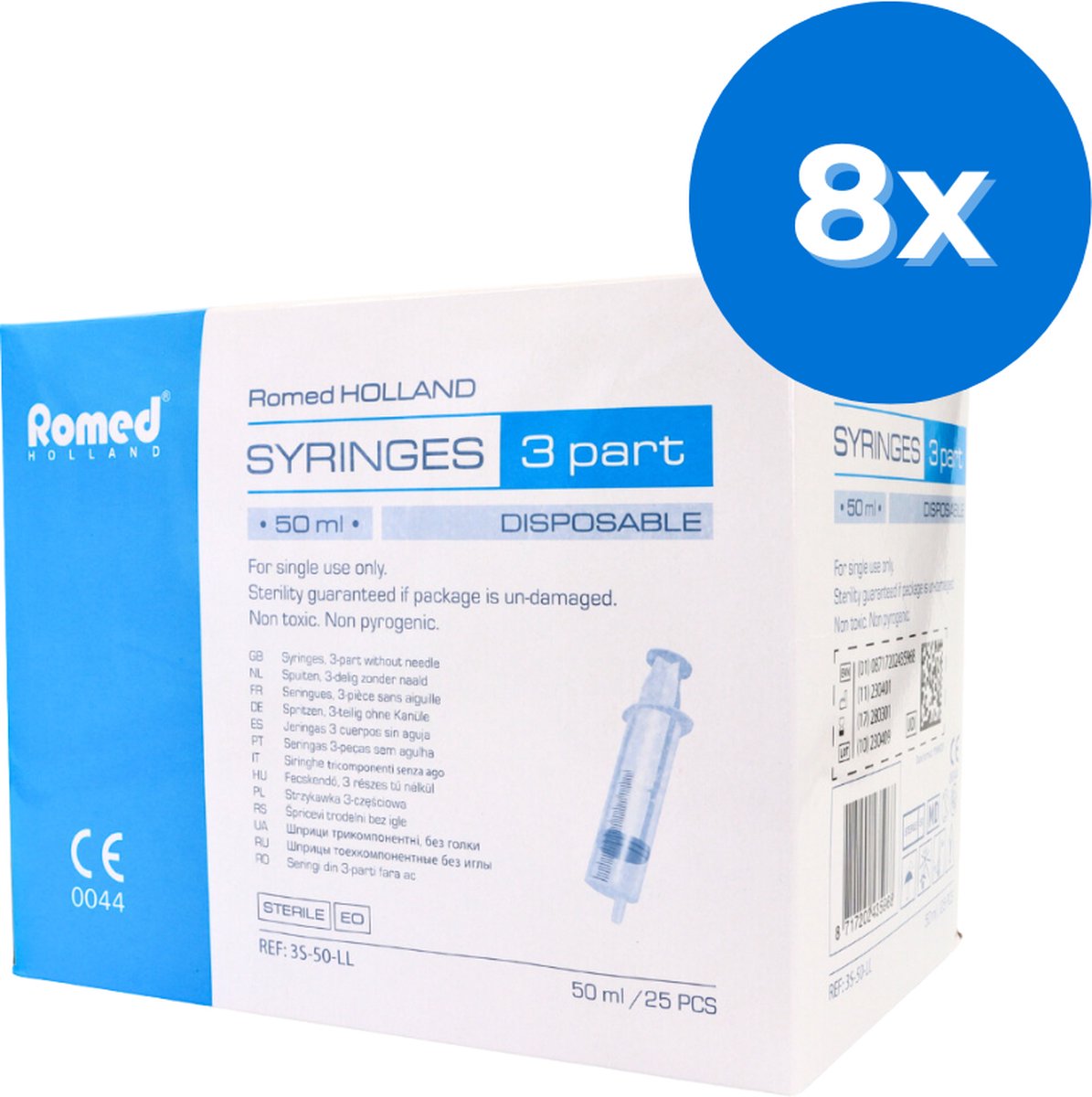 Romed 3-delige injectiespuiten 50ml luer lock 200 stuks - Set van 8 doosjes Romed
