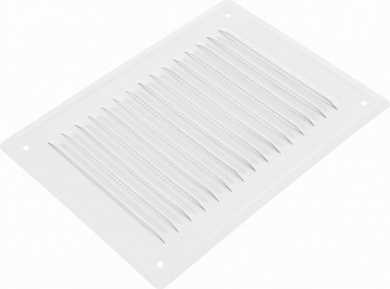 Wit rechthoekig ventilatierooster met schuine lamellen en schuin geplaatste lamellen.