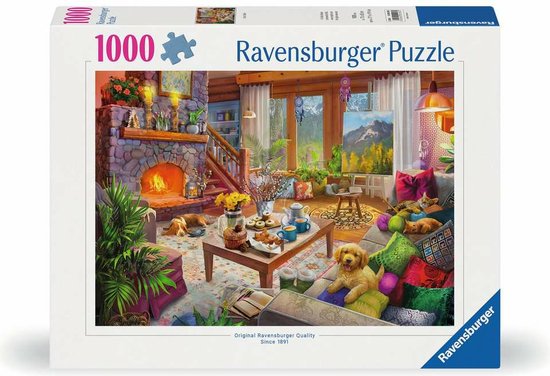 Doos Ravensburger puzzel 'Gezellige Hut' met afbeelding van een woonkamer met open haard, honden en katten.