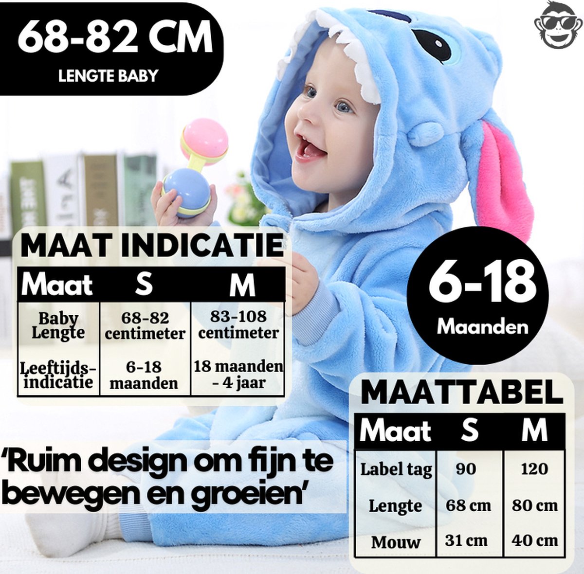 BoefieBoef Dieren Onesie Pyjama Kinderen 6m-2jr – Stitch – Verkleedkleding met Luierrits – Carnaval Dierenpak - Kerst en Kraamcadeau Tip – Zacht Flanel - Romper - Boxpak - Jongens - Meisjes