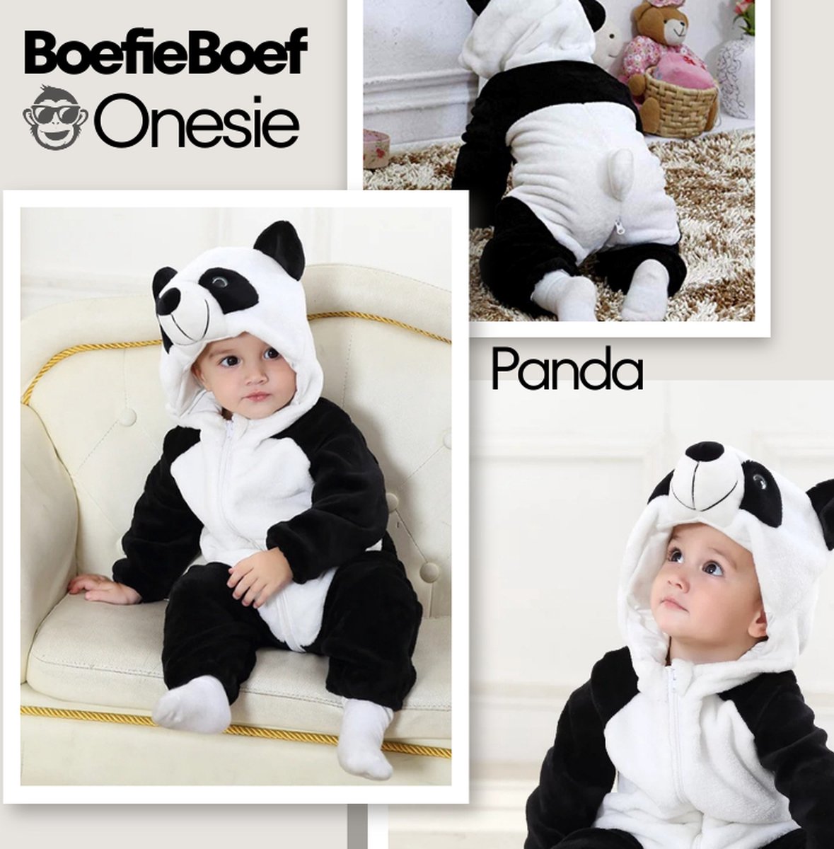 BoefieBoef Dieren Onesie Pyjama Kinderen 6m-2jr – Panda – Verkleedkleding met Luierrits – Carnaval Dierenpak - Kerst en Kraamcadeau Tip – Zacht Flanel - Romper - Boxpak - Jongens - Meisjes — afbeelding 4