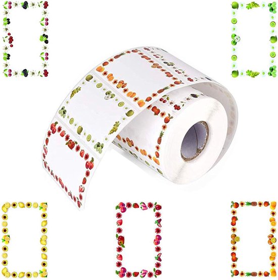 Rouleau d'étiquettes à bordures de fruits et diverses étiquettes individuelles à bordures de fruits autour.