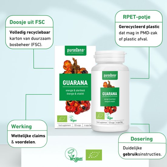 Pit&Pit - Guarana capsules bio 120 pcs. - 120 handige capsules - Purasana