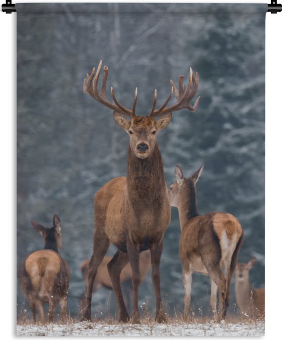 Wandkleed - Wanddoek - Hert - Winter - Sneeuw - Bosdieren - Bos - Natuur - 90x120 cm - Wandtapijt