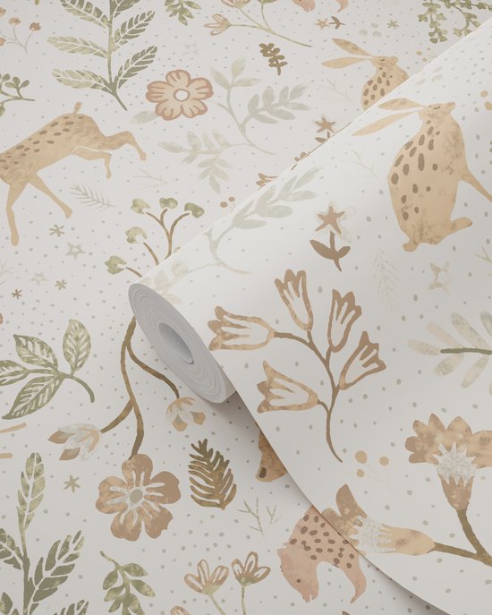 ESTAhome papier peint forêt avec animaux de la forêt blanc cassé et beige - 139525 - 53 cm x 10,05 m