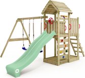 WICKEY speeltoestel klimtoestel MultiFlyer met houten dak, schommel & pastelgroene glijbaan, outdoor klimtoren voor kinderen met zandbak, ladder & speel-accessoires voor de tuin