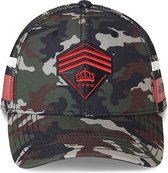 Hassing1894 model TX ARMY - cap – military trucker cap – groene camouflage militaire all over print met red-black-and-white brand flavors – urban cap – baseball cap – custom made- soft mesh – 95% transparante klep - verstelbare pet – robuust - stoer