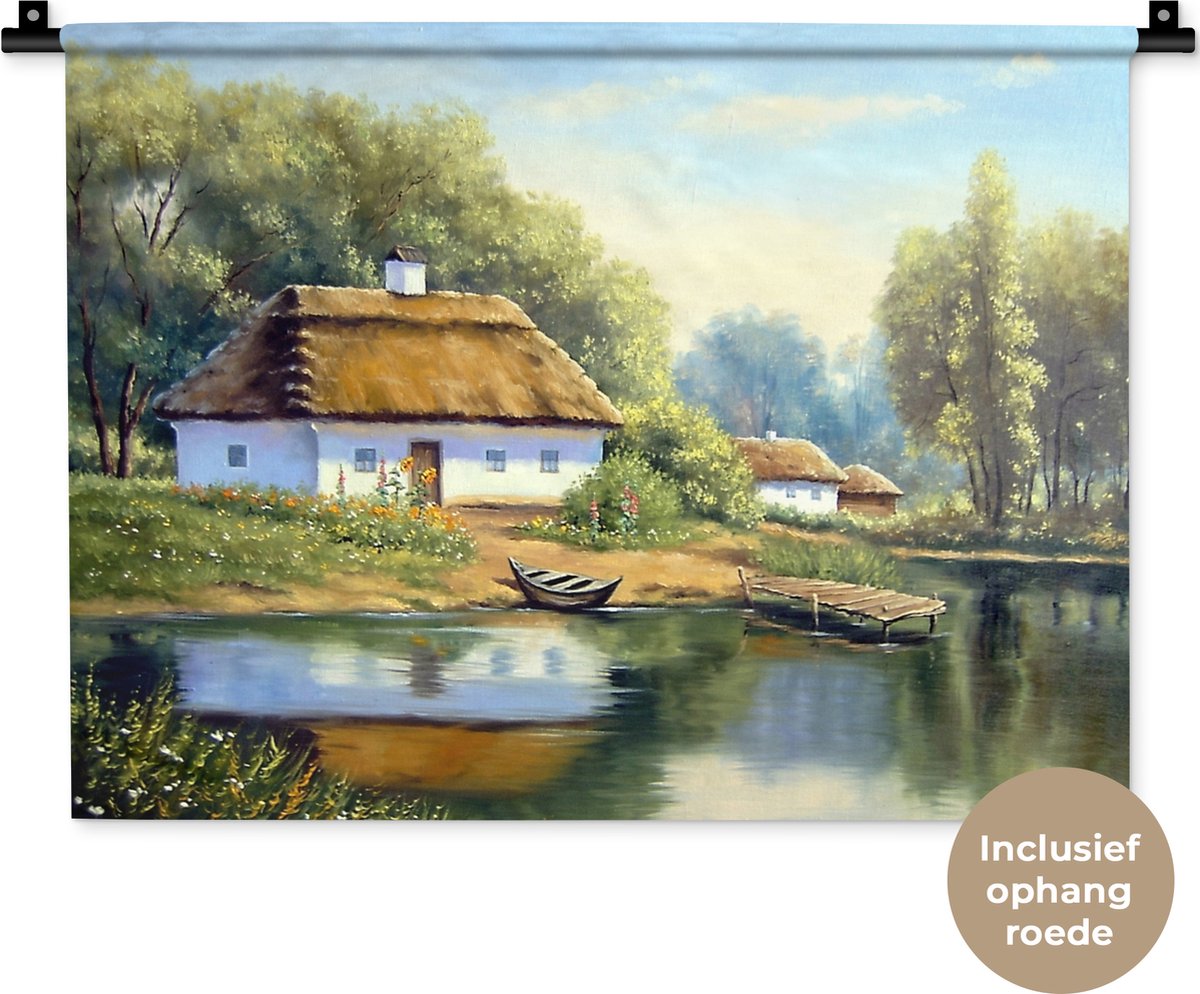 Wandkleed - Wanddoek - Schilderij - Huis - Natuur - Water - Olieverf - 60x45 cm - Wandtapijt