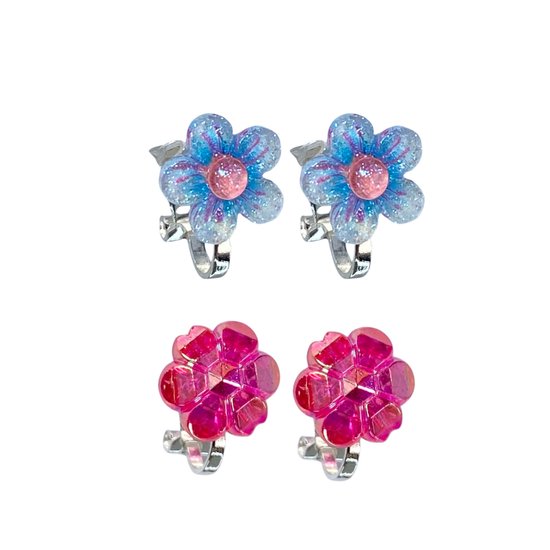 2 paar -klem oorbellen -blauw -roze- zilverkleur- geen gaatje- Charme Bijoux