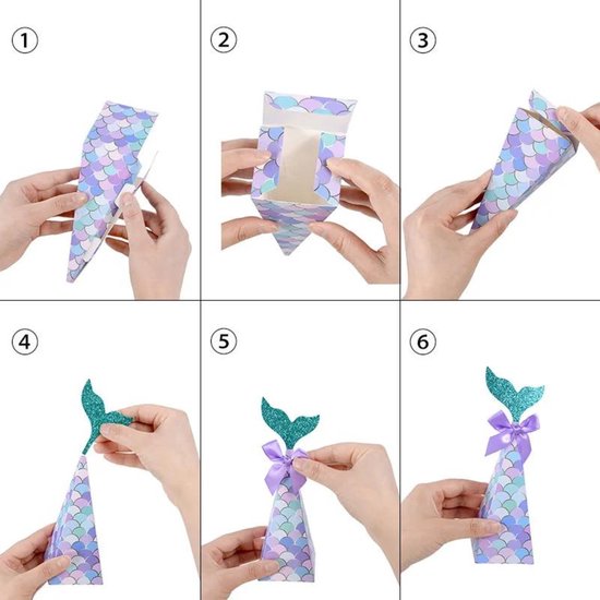 Stapsgewijze instructies voor het vouwen van de zeemeerminnen traktatiedoosjes.