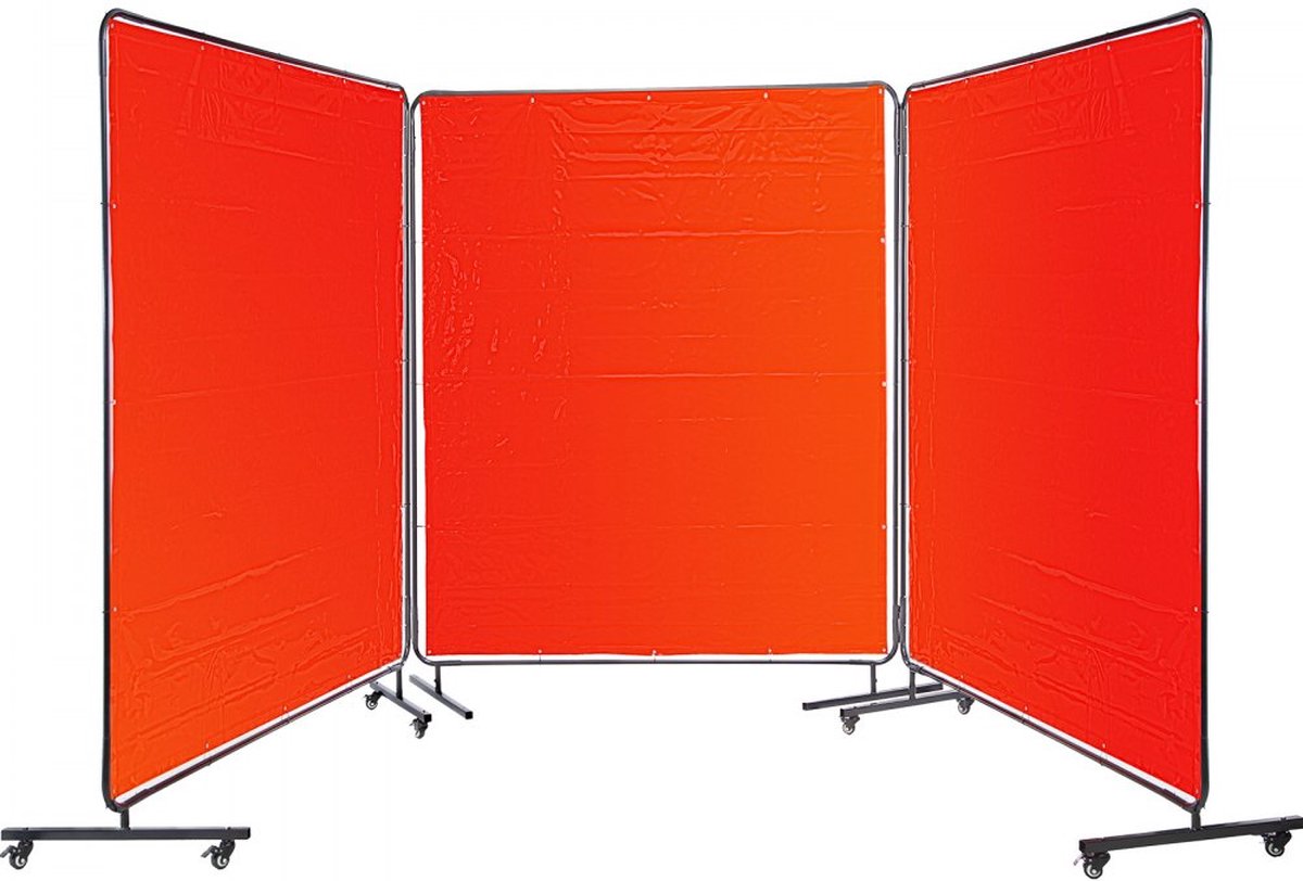 Lasscherm 183 x 183 cm Lasgordijn Vlambestendig Vinyl Lasscherm Verrijdbaar met 3 Panelen het Grootste Gebied Reikt tot 15 x 15 cm voor Betere Bescherming Rood 8 x Wielset 56 x Kabelbinders