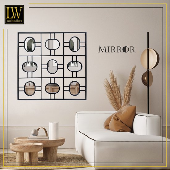 BD ART Quadratischer Wandspiegel 60x60 cm Schwarz MDF Rahmen für Wohnzimmer Flur & Korridor Modern Deksign Spiegel