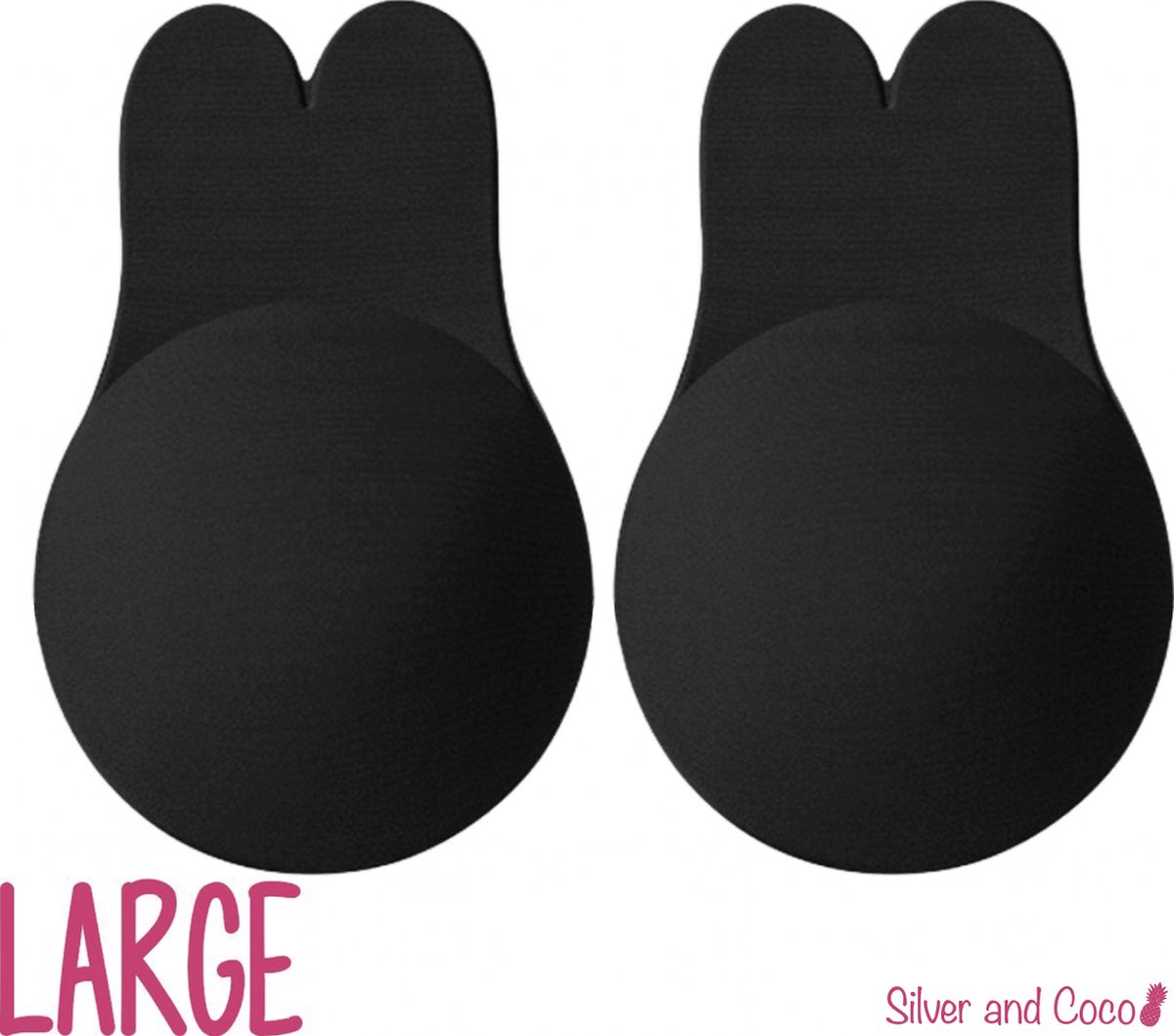 SilverAndCoco® - Push up Plak BH Bunny herbruikbaar / 2 stuks - 1 paar / Zelfklevende Invisible tepelplakkers / Onzichtbare Siliconen Tepel bedekkers Konijn BH Pads Silicone Nipple cover Strapless boob lift - Zwart - Maat Large