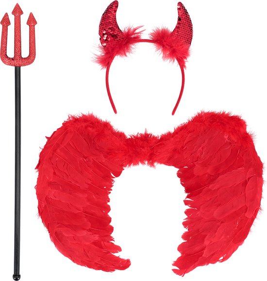 Set rode veren vleugels, een rode glitter diadeem met duivelshoorns en een rode glitter drietand op een zwarte stok, met tekst "3 PCS SET" in kader.