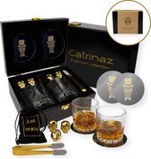 Catrinaz® - Luxe Whiskey set - Skull design - Incl. 2 whiskey glazen 300 ml - 4 goudkleurige RVS whiskey stenen - 2 onderleggers - Fluwelen opbergzak - ijstang - Luxe houten geschenkdoos - Uniek cadeau