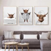 3-delige premium posterset, grappige hooglanden koe muurkunst in bad, dier muur kunstdruk, hoogland koe bad canvas schilderij poster, Scandinavische badkamer, wooncultuur