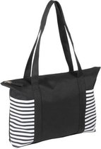 Strandtas zwart/wit met streepmotief 44 cm - Strandartikelen beach bags/shoppers met ritssluiting