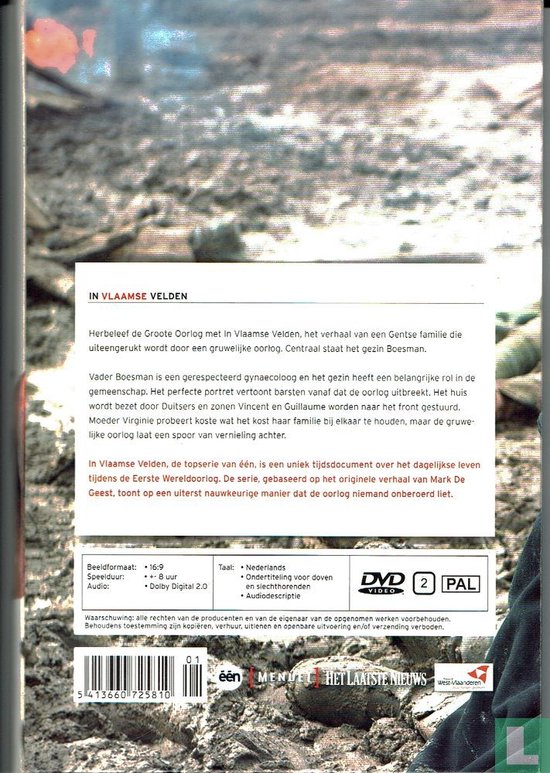 Achterkant van de dvd-hoes van 'In Vlaamse Velden'. Toont tekst en specificaties zoals beeldformaat, geluid en taal.