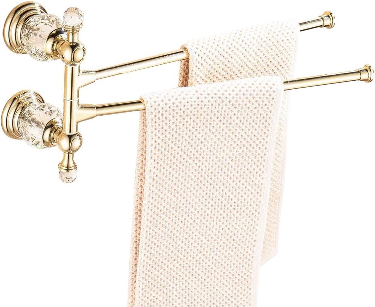 Handdoekrek Goud, Roterend Handdoekrek Kristal, Handdoekenrek Twee Armen Wandmontage met Boren voor Badkamer