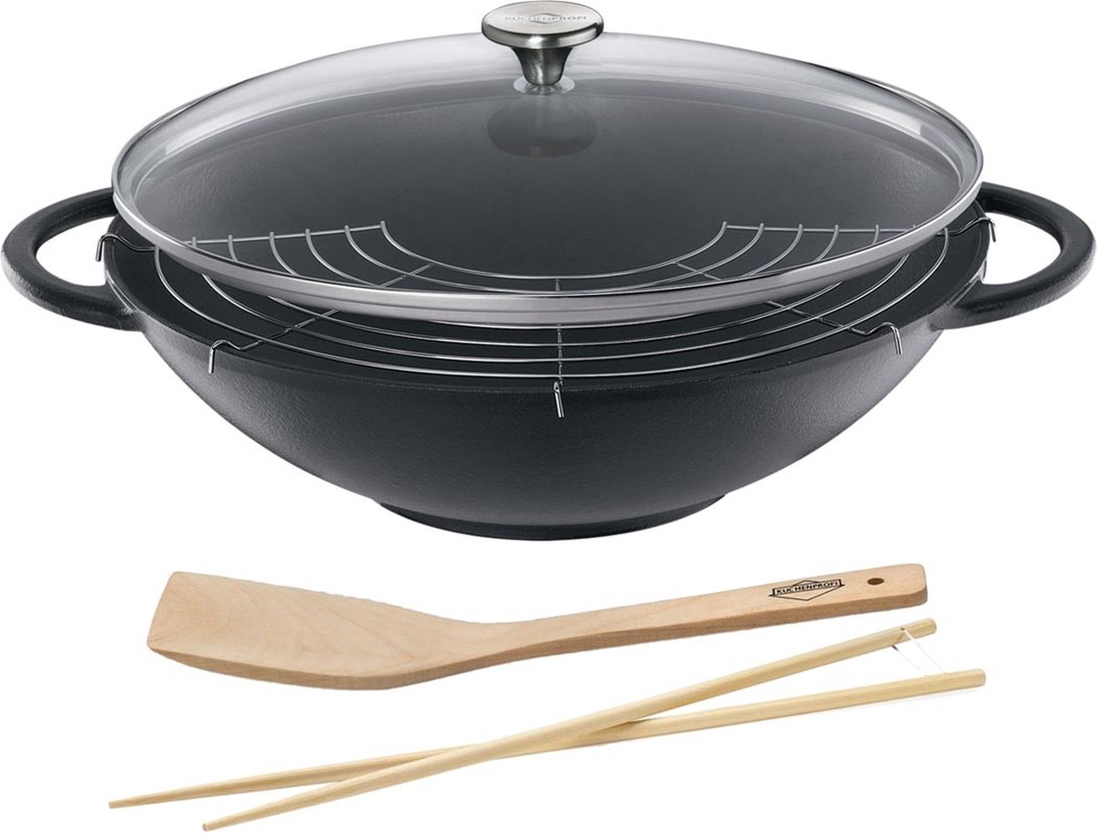 Wok Provence gietijzer met Glazen deksel Ø36cm