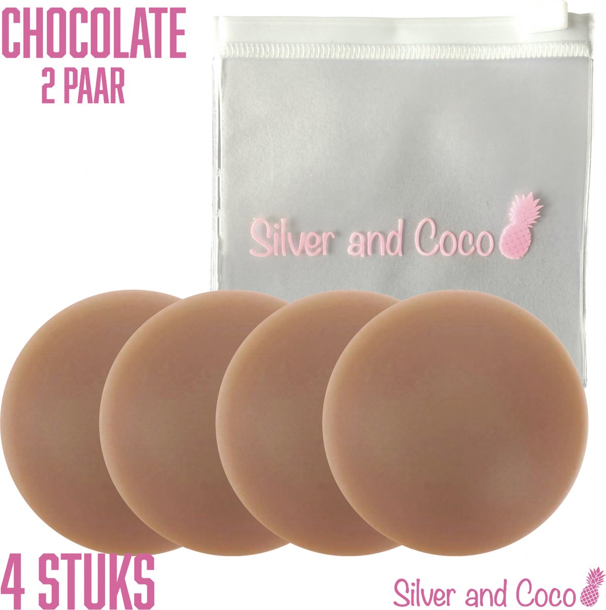 SilverAndCoco® - 2 Paar (4 stuks) Tepelplakkers herbruikbaar / Zelfklevende Invisible Tepelcovers Nipple Covers / Onzichtbare Siliconen Tepel bedekkers BH Pads Silicone Nipple Stickers Dun - 4 stuks (2 sets) met tasje / Donkere Huid - 8 cm