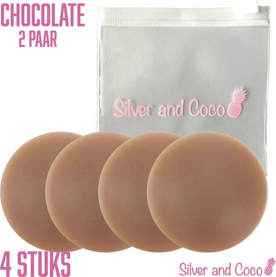 SilverAndCoco® - 2 Paar (4 stuks) Tepelplakkers herbruikbaar / Zelfklevende Invisible Tepelcovers Nipple Covers / Onzichtbare Siliconen Tepel bedekkers BH Pads Silicone Nipple Stickers Dun - 4 stuks (2 sets) met tasje / Donkere Huid - 8 cm