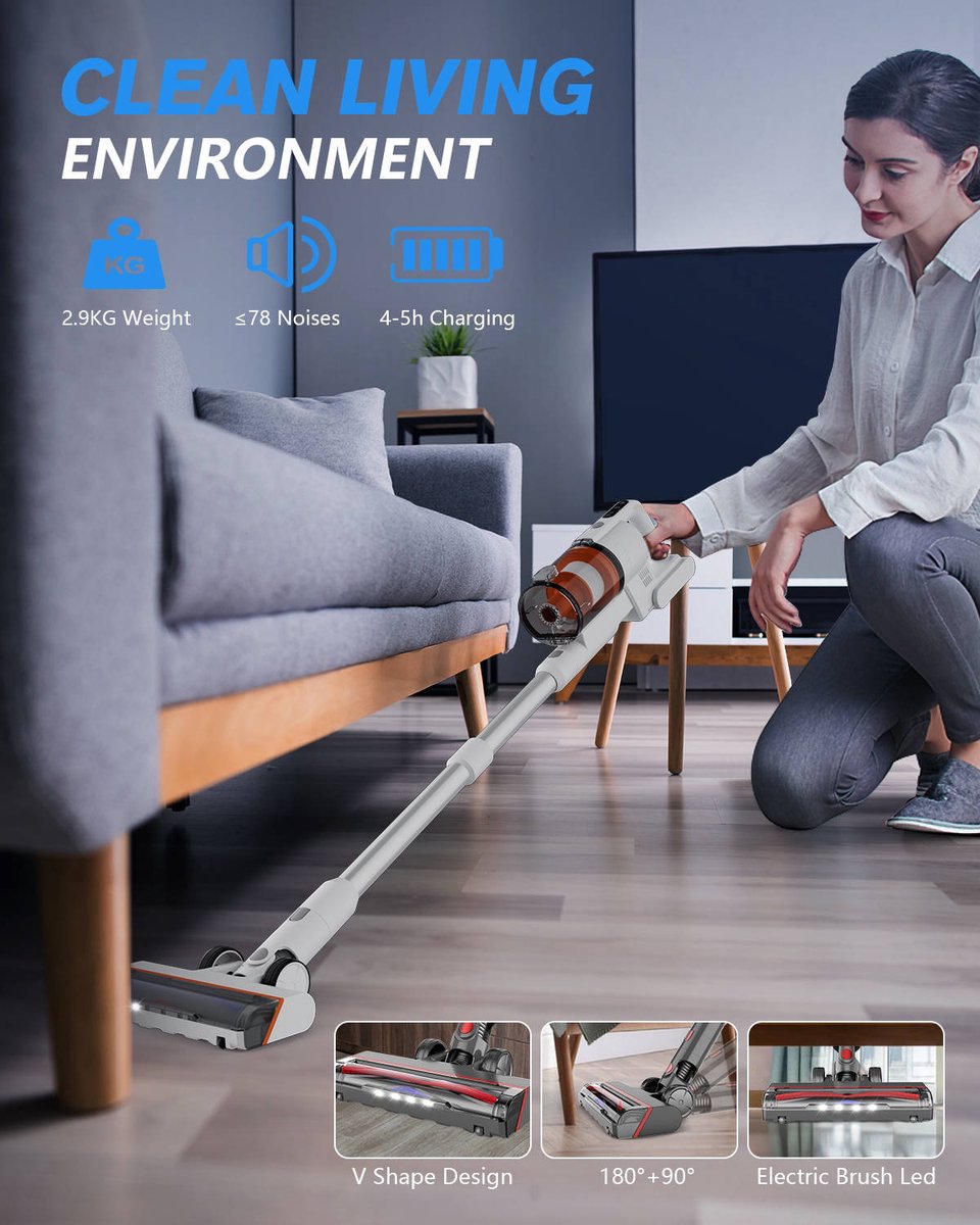 Cordless stick vacuum cleaner 200W with 4 attachments - Lightweight and powerful model for floors, car and animal hair - Including free e-book with cleaning tips - high-quality product