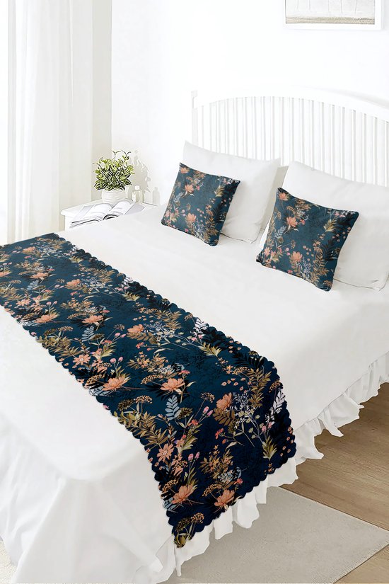 Bedloper & Kussenhoes Set - Bedsprei - Bedrukt Velvet textiel - Bloemen op donkerblauw