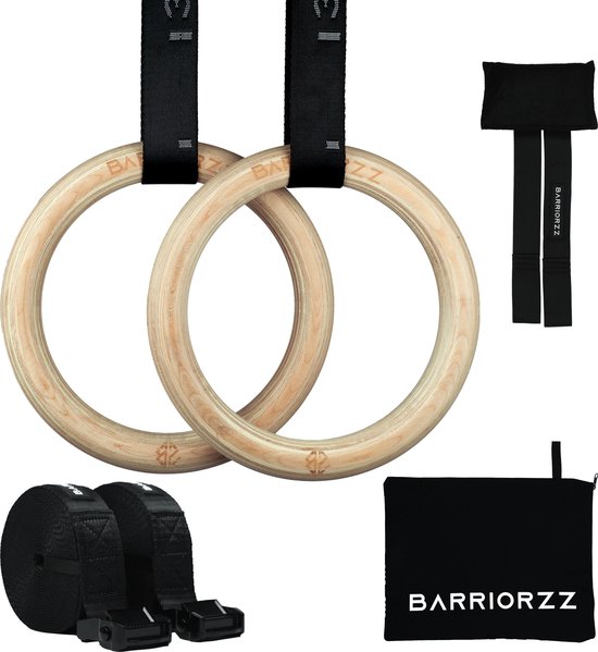 BARRIORZZ Athlete Ring Set - 300KG belastbaarheid - Turn Ringen - 28mm Houten Ringen - Gymnastiek - Calisthenics Streetlifting & Crossfit Ringen - Workout Rings - Gratis opbergtas en door anchor meegeleverd - Gymnastic Rings ook te gebruiken als TRX