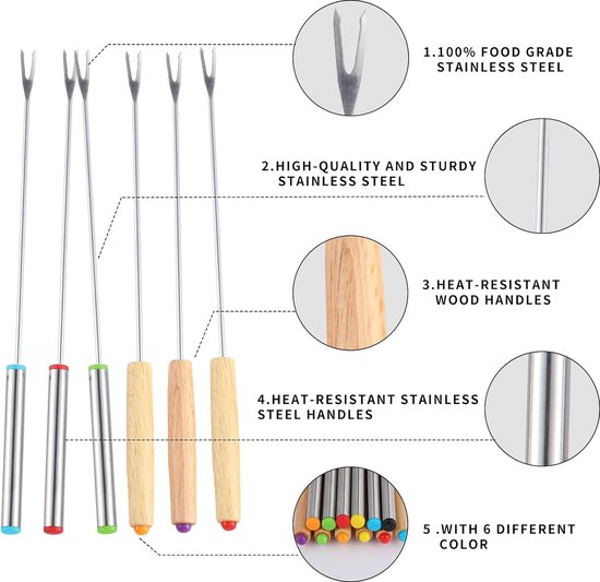 Bondoo fonduevorken 24 stuks 24 cm - fondue vorkjes - fonduevork- fondue vorkjes voor vlees - fonduevorkjes - fondue prikkers - fondue prikkers - fonduevorken set - kaasfondue vorkjes - RVS - Hout — afbeelding 2