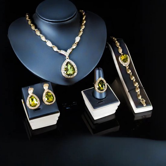Volledige Dames Sieraden Set | Waterdruppel stijl | Verstelbaar | Halsketting met hanger | Armband | Ring | Oorbellen | Goudkleurig Groen