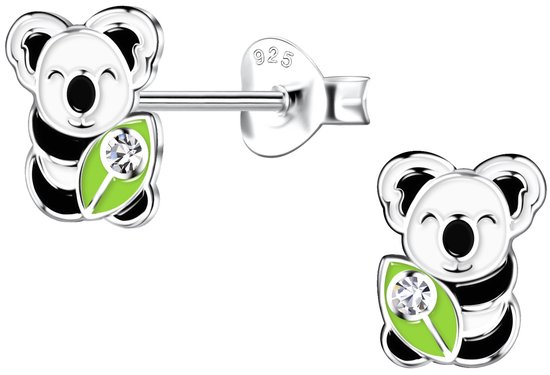 Joy|S - Zilveren koala oorbellen - 6 x 8 mm - zwart wit met groen bamboe blad - kristal - kinderoorbellen