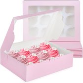 Roze Cupcake Doos [20 Pak] - 12 Cupcake Container met Doorzichtig Venster & Houder - Vouwbare Dessert Doosjes voor Muffins, Mini Cakes, Gebakken Goederen - Bakkerij, Verjaardagsfeest