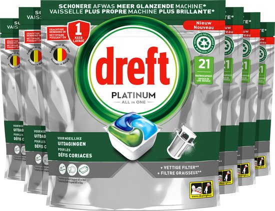 Dreft Platinum All In One - Vaatwastabletten - Original - Voordeelverpakking 6 x 21 Capsules