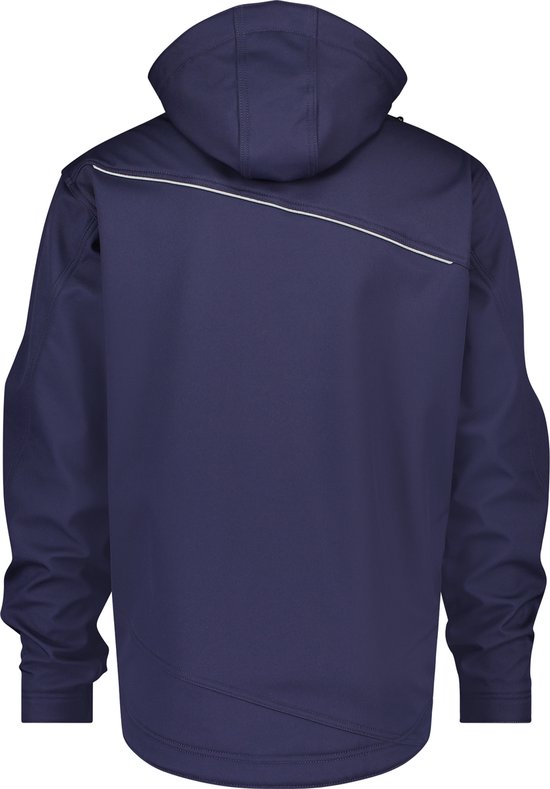 Donkerblauwe DASSY softshelljas, achterkant met capuchon en diagonale reflecterende bies.