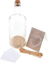 Glazen fles met wenskaartjes en touwtjes - hoogte 23.5cm - 50 witte kaartjes - huwelijk - jubileum - geboorte - etc.