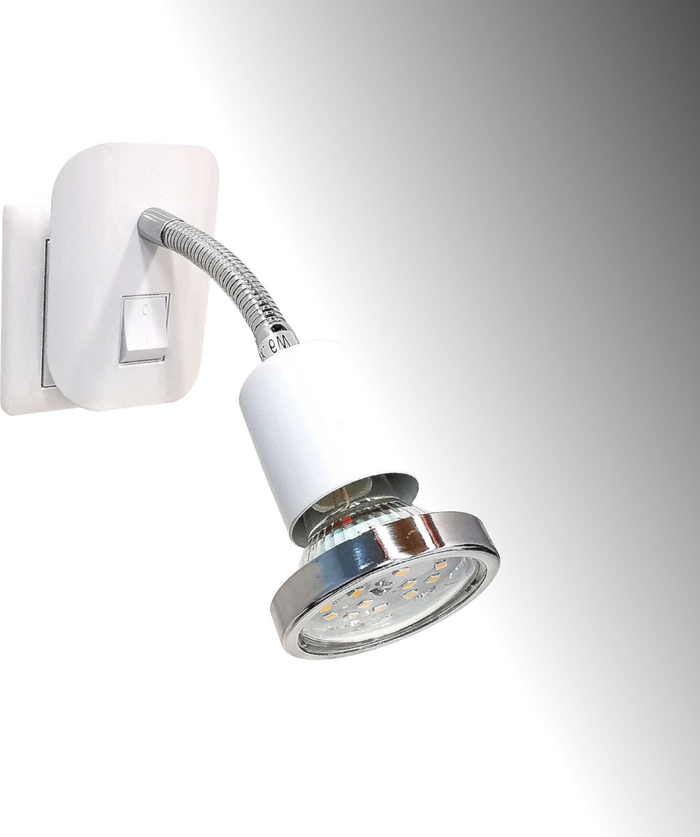 Trango Stekkerlamp in mat wit Stekkerlamp 11-056 *FLEXI* nachtlampje incl. 1x GU10 3000K warm wit LED lamp chroom ring & AAN/UIT schakelaar leeslamp, wandlamp, keukenlamp