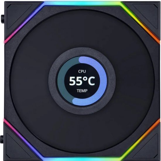 Lian Li UNI FAN TL LCD 120 Reverse Black - Ventilatorhuis - 120mm - 54.3 CFM - 350 - 1900 RPM - 31 dBA - FDB - 4-pin PMW - 1.6" LCD Scherm 400x400 - zwart