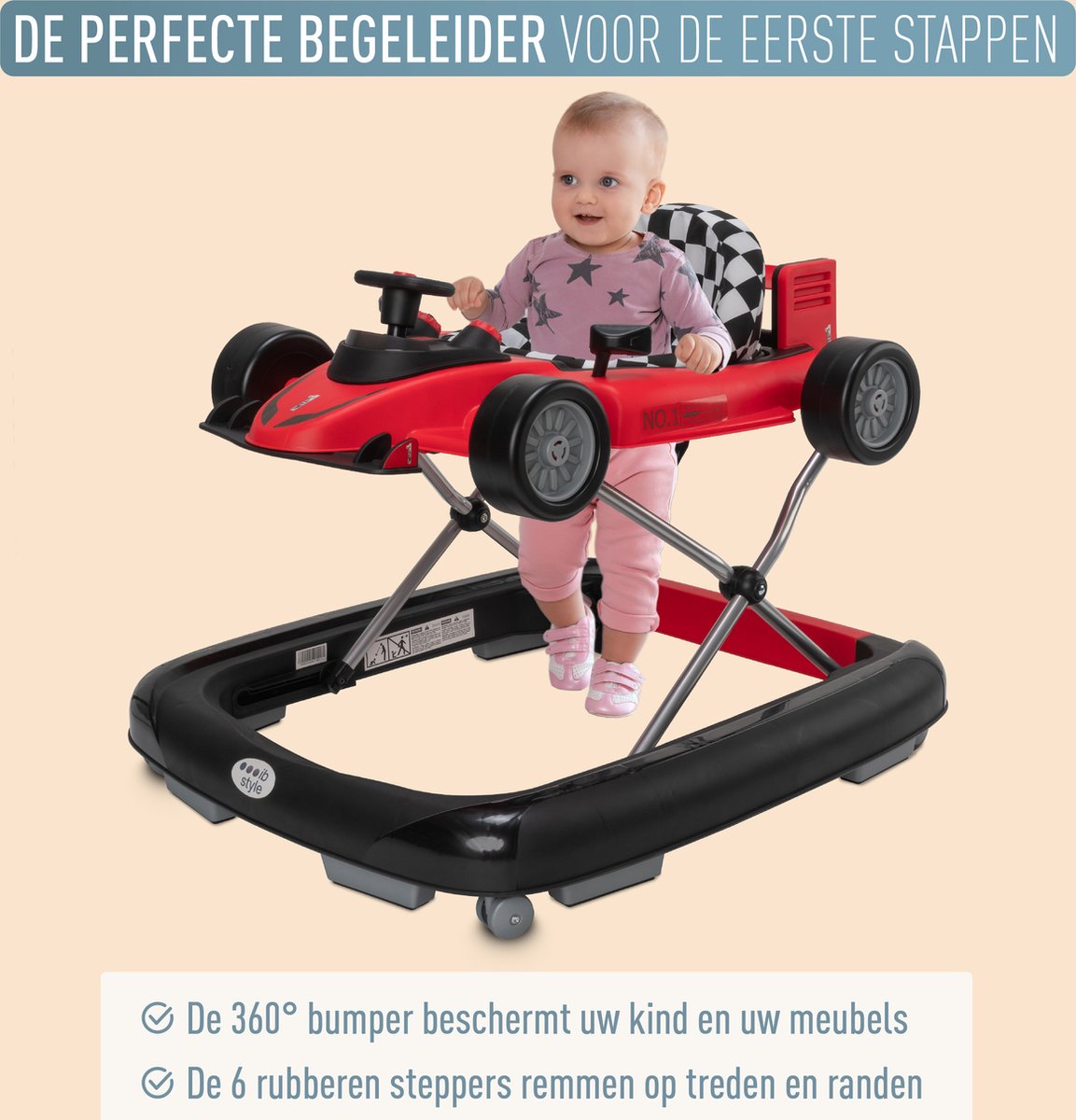 ib style® Loopstoel Babywalker - Baby Loopwagen - Looptrainer - 2-in-1 Racer - Hoogte verstelbaar - Met Geluidseffecten - Little Speedster - Rood – foto 2