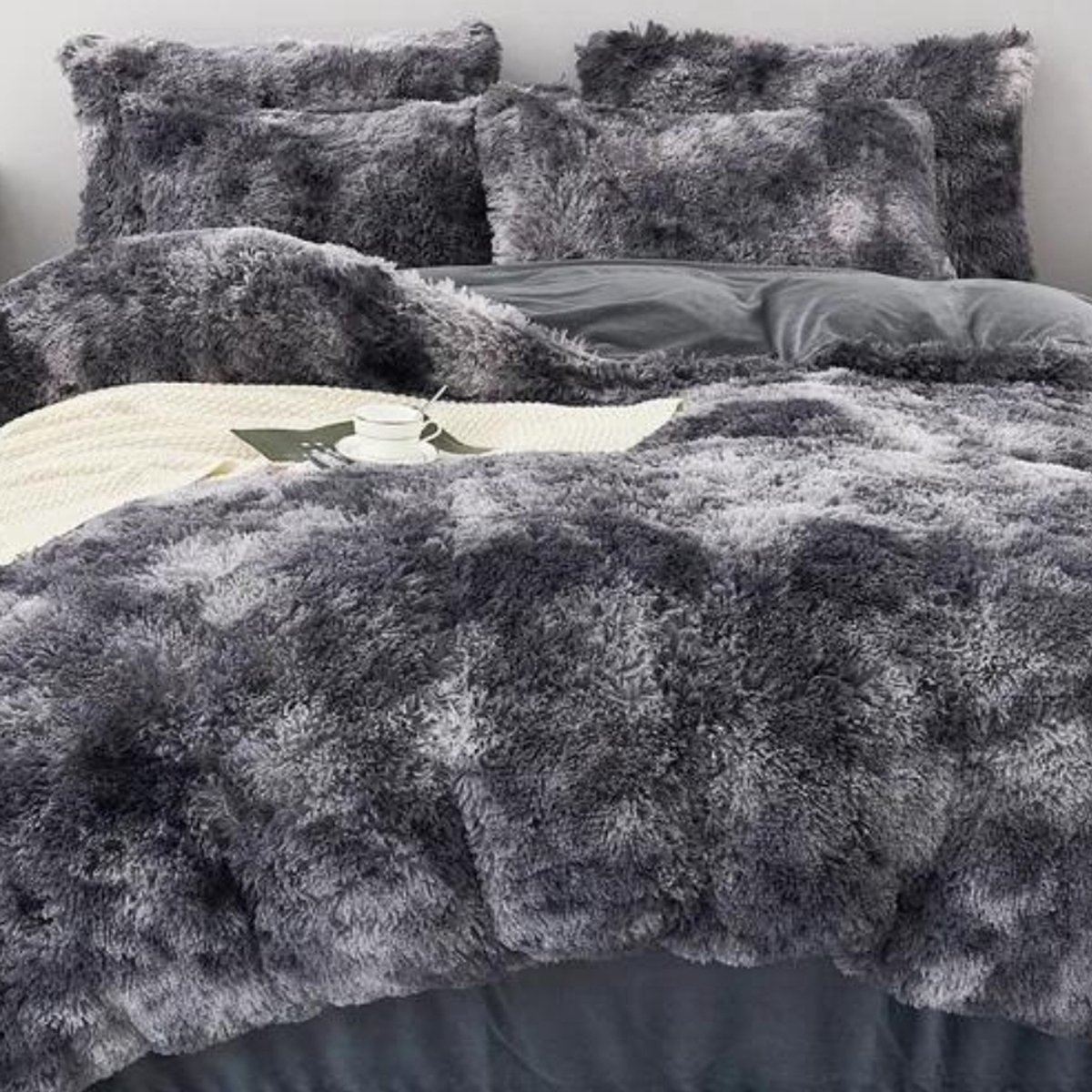 Zorgmatras® - Fluffy teddy dekbedovertrek met kussenslopen - Grijs gevlekt - 200x200 cm