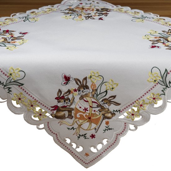 Tafelkleed - Pasen - Wit met 3 paashazen - een ei en gele bloemen - 85 x 85 cm
