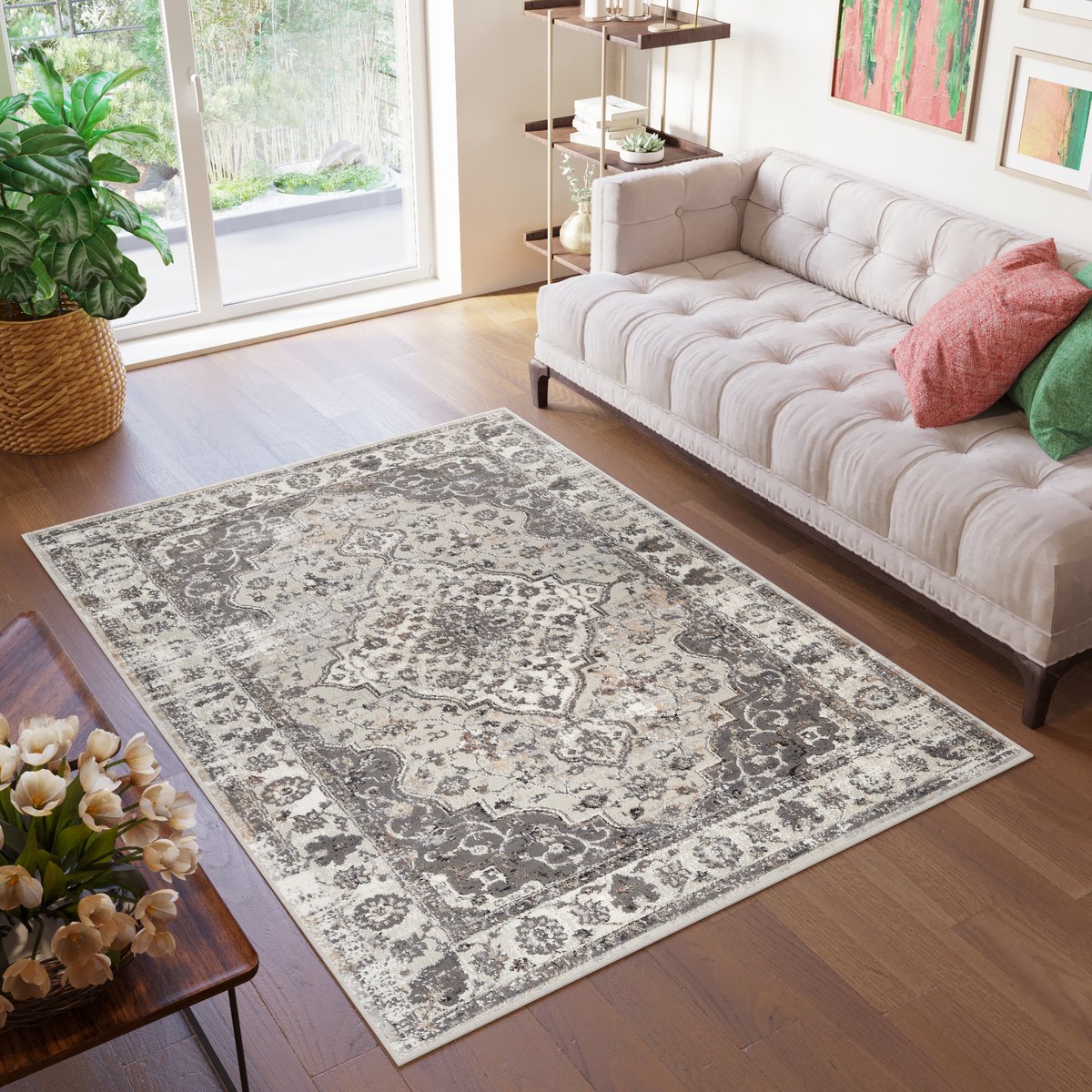 Tapiso Valley Vloerkleed Grijs Vintage Laagpolig Tapijt Maat- 200x300 Beige Lichtgrijs2