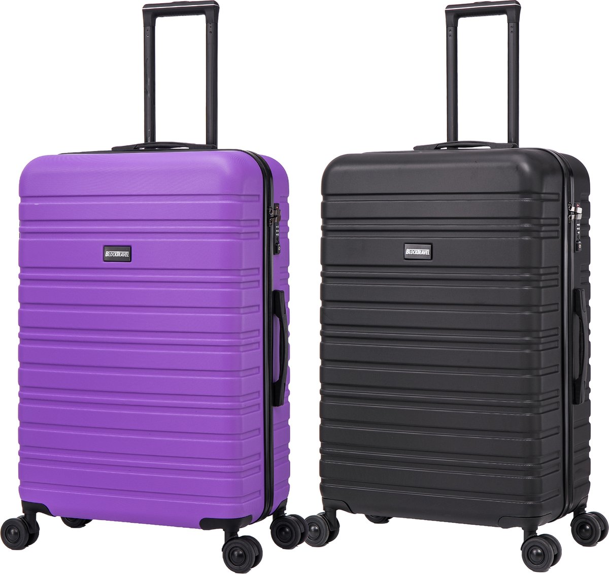 BlockTravel - kofferset - 2 delig - ABS - ruimbagage - met dubbele wielen - 95 liter - inbouw TSA slot - zwart - paars
