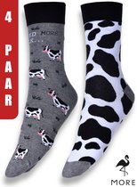 More Fashion - Dames Sokken - Multipack 4 Paar - Maat 38 39 40 - Leuk Asymmetrisch Dieren Print - Kleurrijk - Katoen - Naadloos - Koe Melk Cow Milk - MADE IN EU