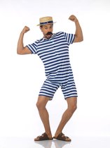 Karnival Costumes Blauw/Wit Gestreepte Retro Zwemoutfit voor Mannen Carnavalskleding Heren Carnaval - Polyester - Maat S - 3-Delig Jumpsuit/Strohoed/Snor