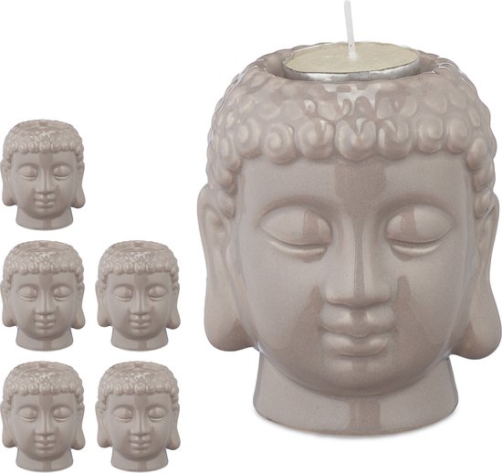 Relaxdays 6x Boeddha theelichthouder - waxinelichthouder - zen sfeerverlichting - grijs